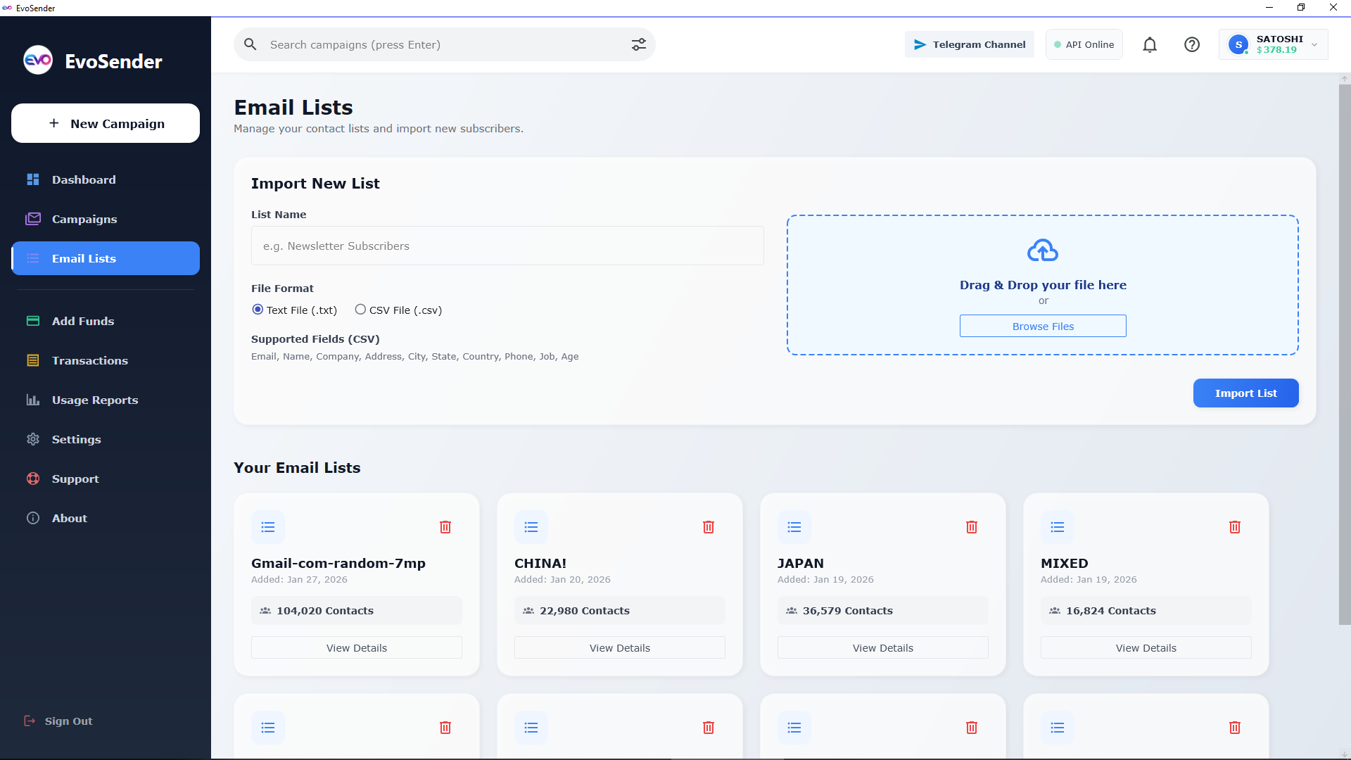 EvoSender Email Lists Interface