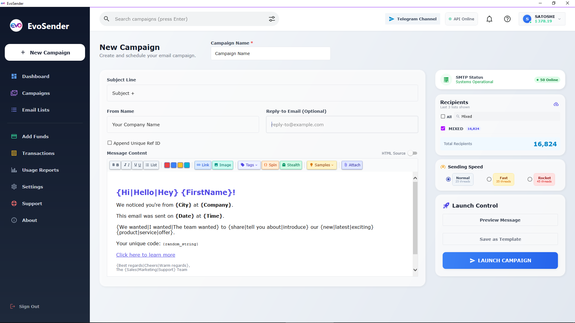 EvoSender Campaign Interface