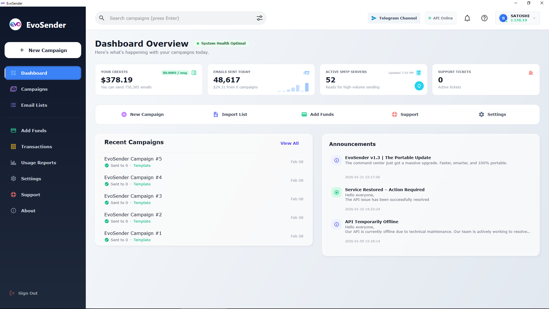 EvoSender Dashboard Interface