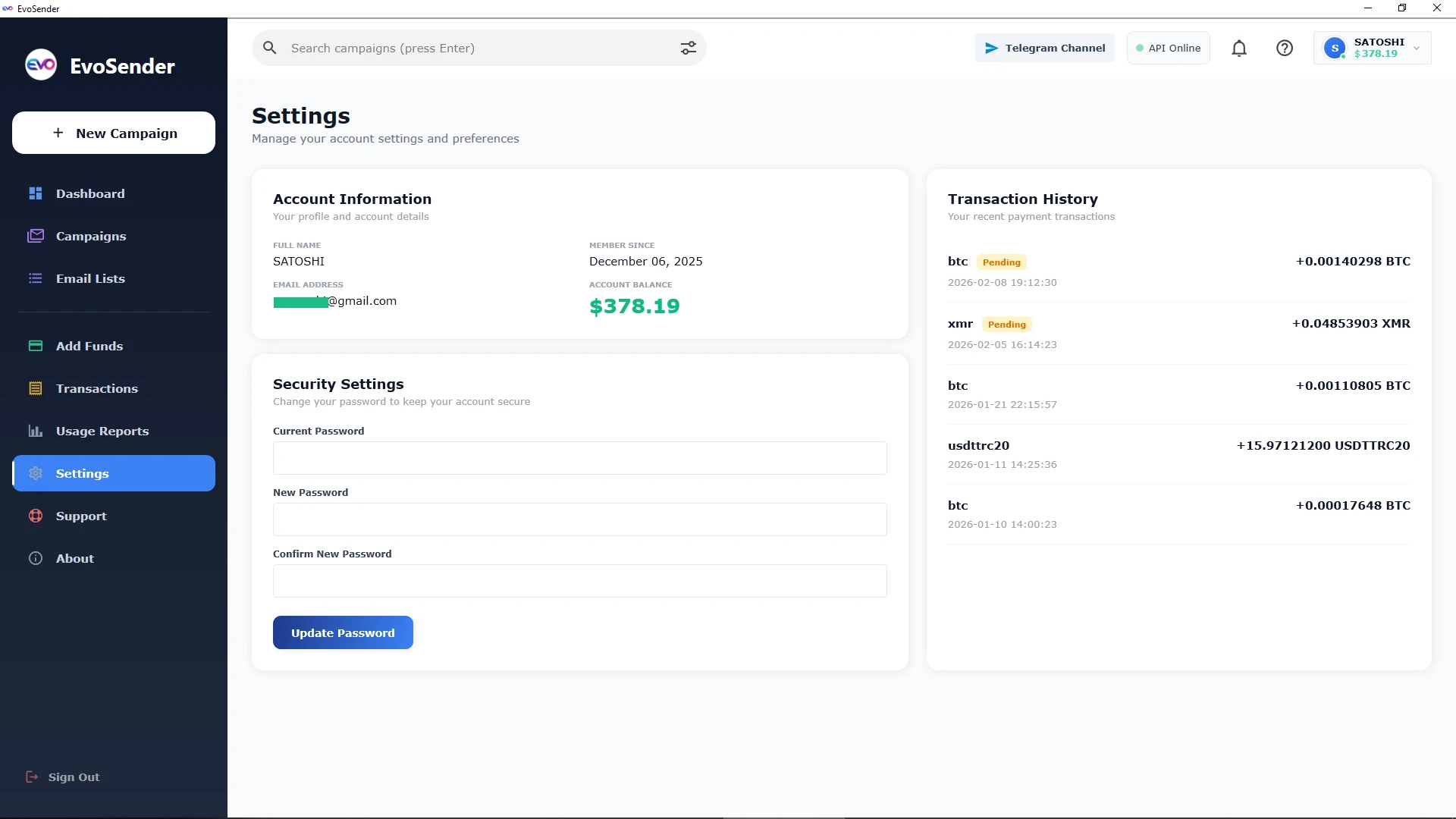 EvoSender Settings Interface